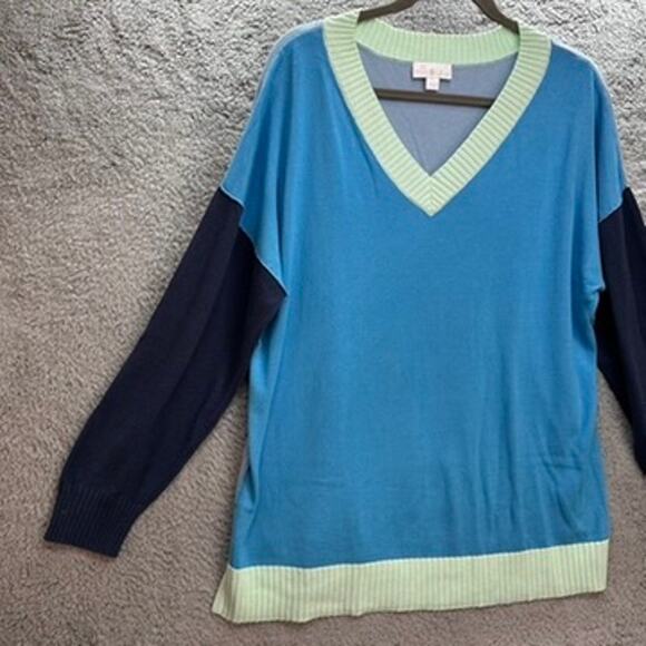 Belle by Kim Gravel Large Knitted Sweater V-Neck Color Block Casual Comfort - Picture 3 of 10